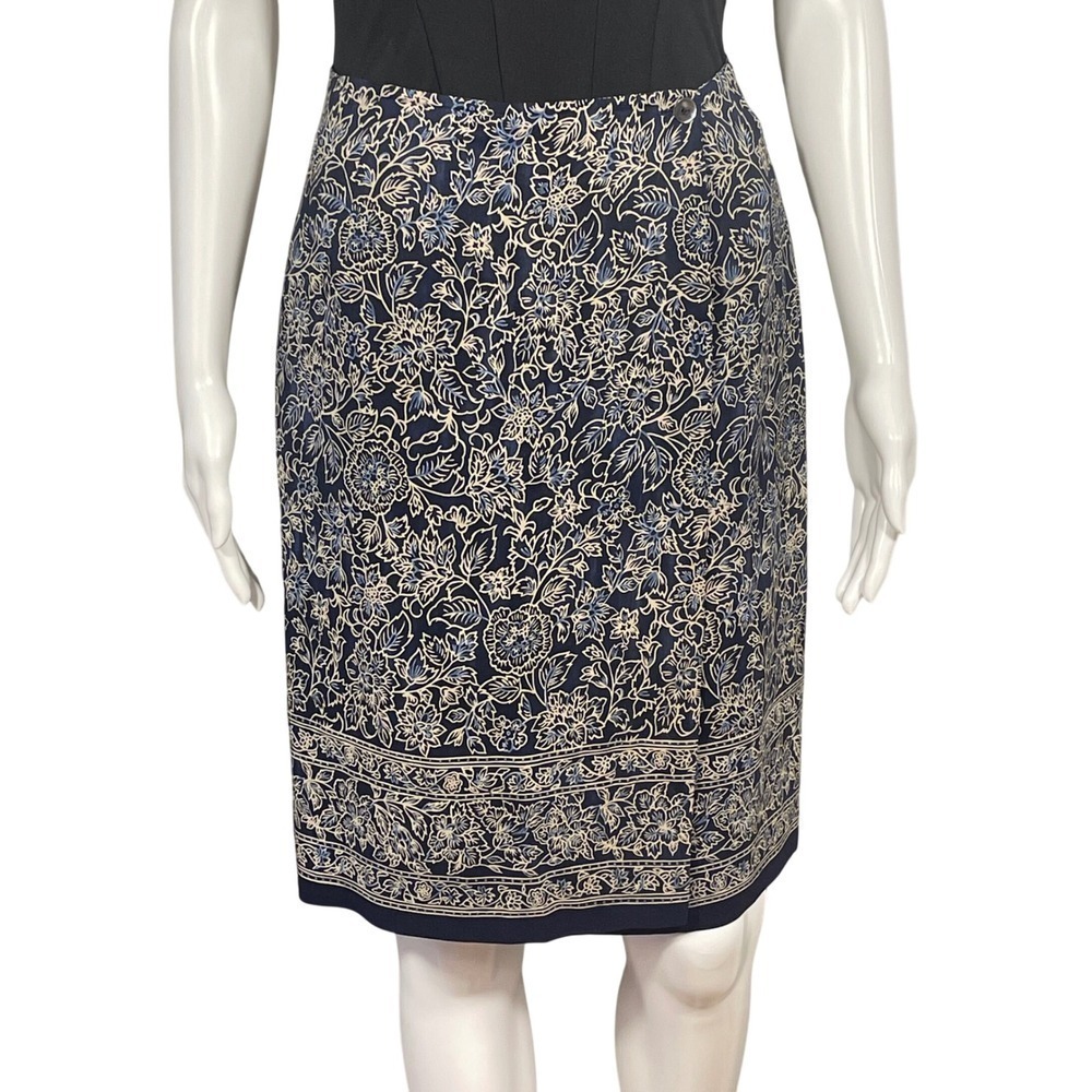 Charter Club 100% Silk Floral Border Print Wrap Pencil Skirt Navy Blue Size 4